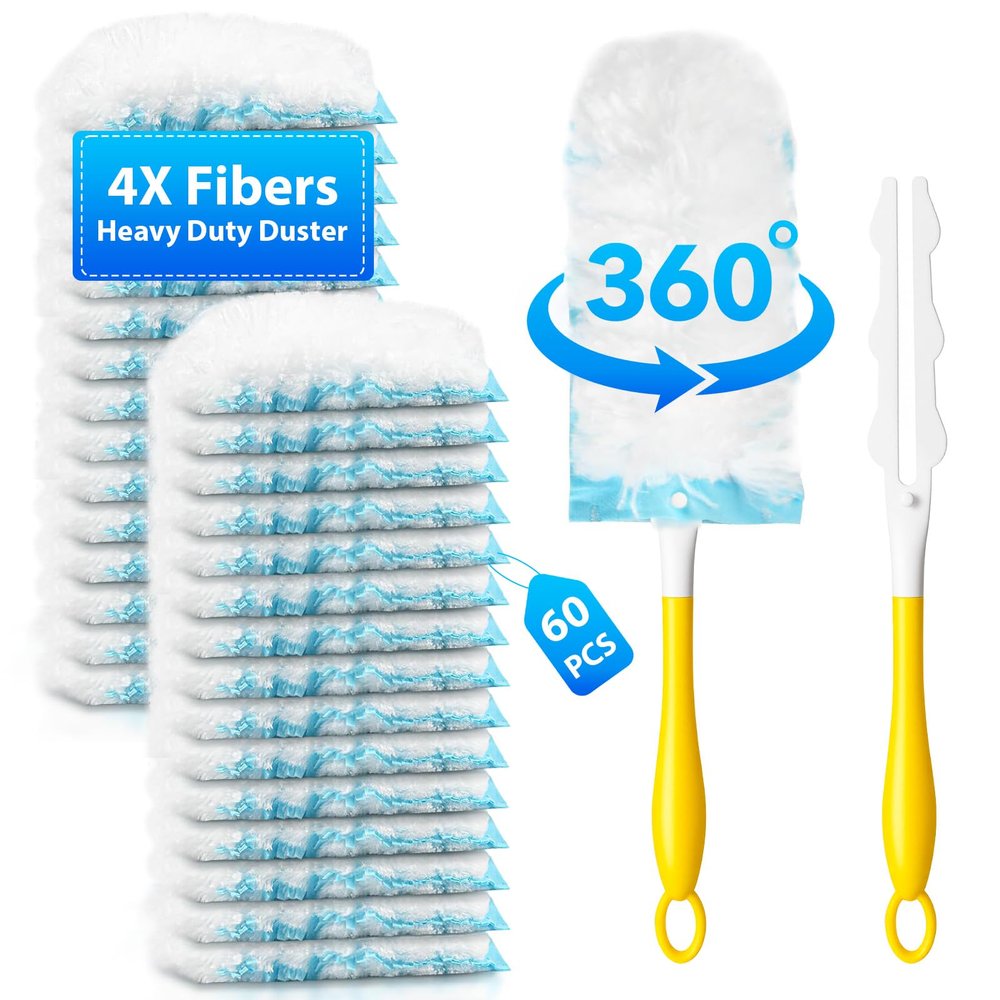 60 Count Duster Refill for Swiffer Duster with 1 Handle - 360 Multi-Surface Larger Size Feather Dusters, Disposable Duster Kit for Cleaning Home, Furniture, Blinds and Ceiling Fans