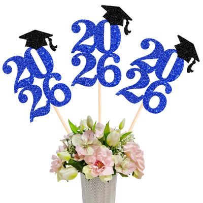 12 Pack Congrats 2026 Graduation Centerpiece Sticks Assembled Glitter Class of 2026 Cake Toppers Diploma Grad Cap Table Centerpiece Sticks for 2026 Graduation Theme Party Blue