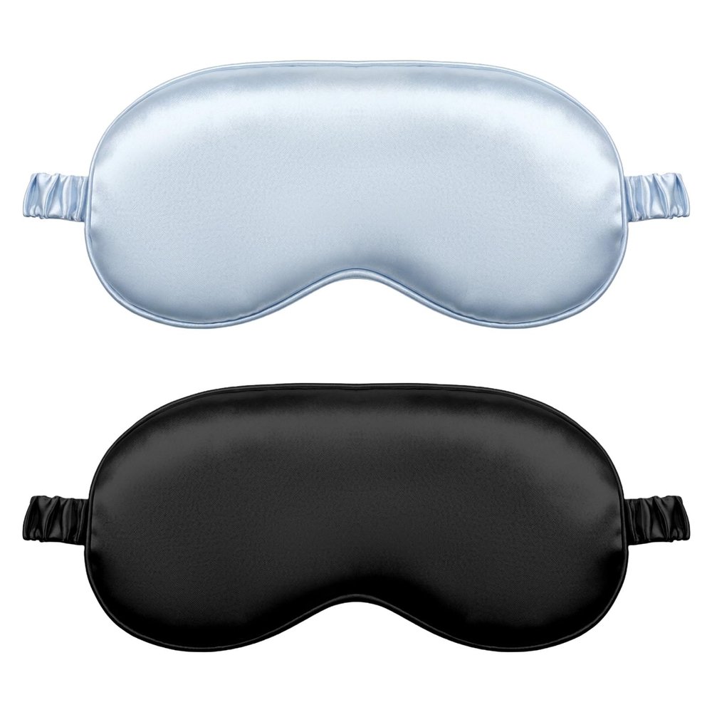 2Pcs Silk Sleeping Mask, Soft Breathable Blackout Eyeshade Comfortable Adjustable Satin Eye Shade for Women Sleep Travel Nap Bridesmaid Gifts (Blue, Black)