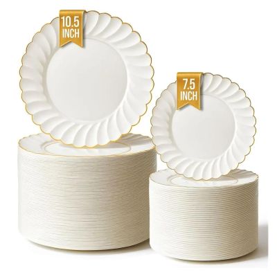 100 Pack Elegant Ivory amp Gold Scalloped Plastic Plates HeavyDuty Disposable Cream with Rim for Thanksgiving, Holid