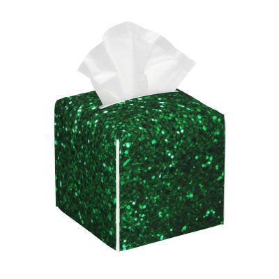 Green Sequin Sparkle Cube Tissue Box Holders Pu Leather Square Tissue Box Cover Modern Waterproof Facial Paper Holder for Bathroom Kitchen Nightstand Office Home Decor