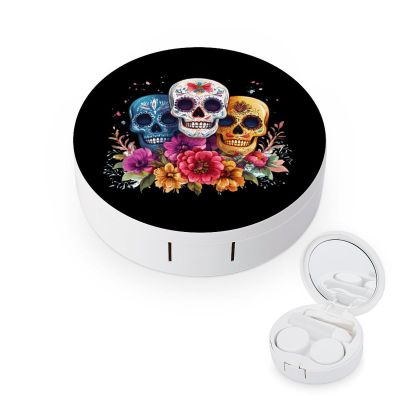 Day of The Dead Skull Flower Contact Lens Case with Mirror Portable Cute Eye Contact Lens Box Travel Kit