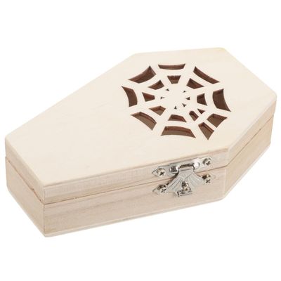 OSOLADY Wooden Coffin Candy Box with Lid Halloween Party Favor Goodie Box Hexagonal Spider Web Design Packaging for Holiday Treats