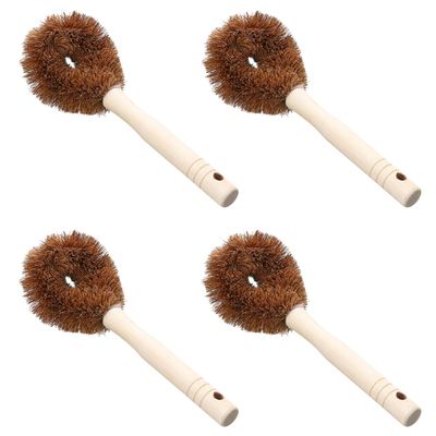NUOBESTY 4pcs Coconut Fiber Pot Cleaning Brushes with Long Wooden Handles, Non-Stick Oil Resistant Kitchen Sink and Pan Scrubbers for Thorough Dish and Surface Cleaning