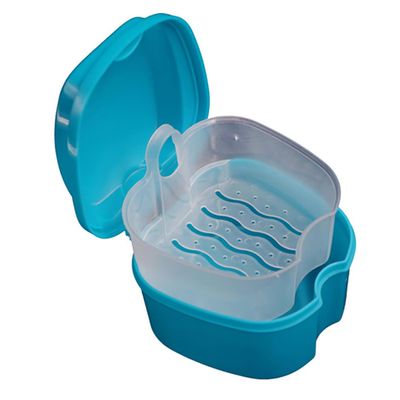 Blue Strong Denture Box with Simple Retrieval Tab, Denture Bath Case for False Teeth Storage, Premium Mouth Guard Box, Retainer Case