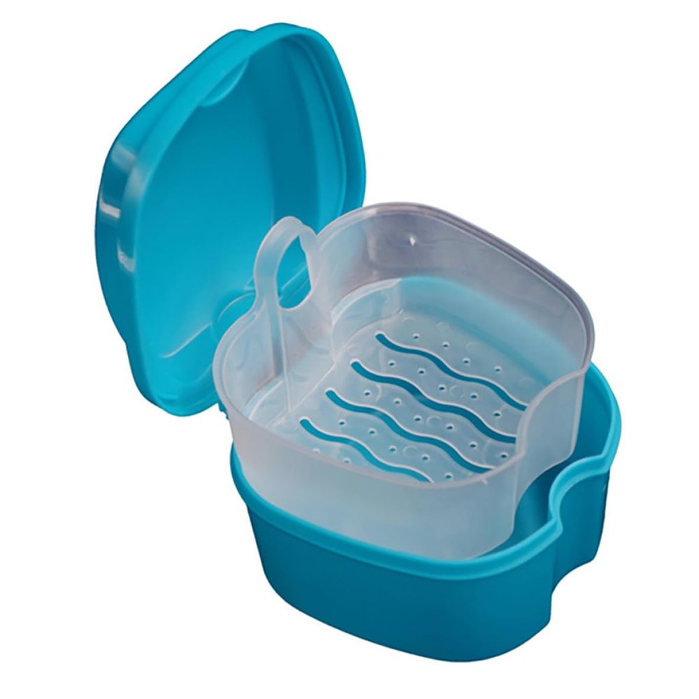 Blue Strong Denture Box with Simple Retrieval Tab, Denture Bath Case for False Teeth Storage, Premium Mouth Guard Box, Retainer Case