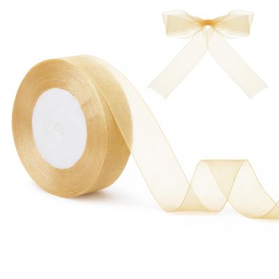 1 Inch 50 Yards Sheer Organza Ribbon, Gold Chiffon Ribbon Sheer Gift Wrapping Ribbon for Fathers Day, Crafts, Christmas, Wedding, Birthday Party Decoration