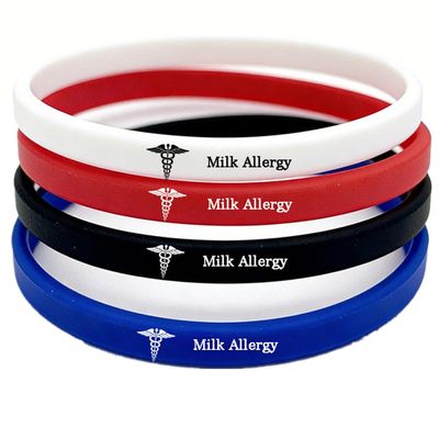 4-Pack 6mm Width Silicone Medical Milk Allergy Wristband for Youth Women Men,Custom Engraved Alert Bracelets for Food,Peanut,Latex & Drug Allergies with Medic Card