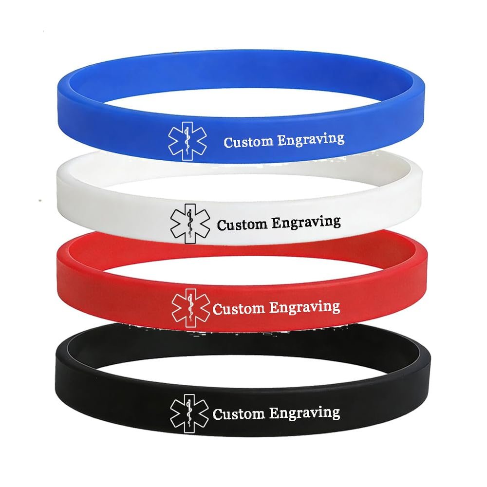 4 Pack Peralized Medical Alert ID Silicone Bracelet Emergency Sports Rubber Wristbands for Man Women,Custom Engraved Allergy Alert Bracelets with Med Wallet Card