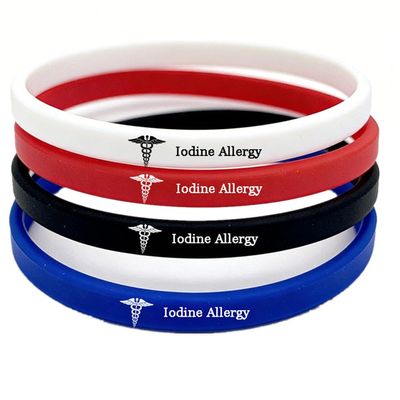 4-Pack 6mm Width Silicone Medical Iodine Allergy Wristband for Youth Women Men,Custom Engraved Alert Bracelets for Food,Peanut,Latex & Drug Allergies with Medic Card