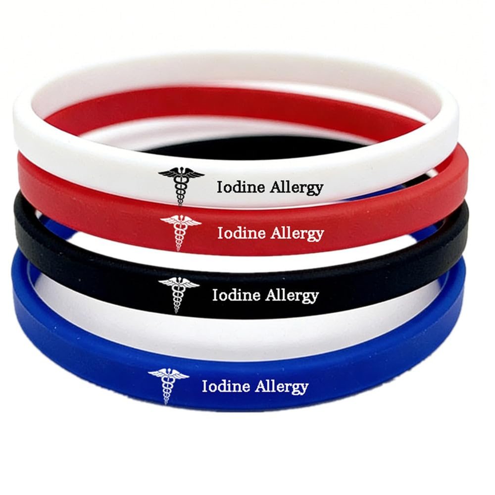 4-Pack 6mm Width Silicone Medical Iodine Allergy Wristband for Youth Women Men,Custom Engraved Alert Bracelets for Food,Peanut,Latex & Drug Allergies with Medic Card