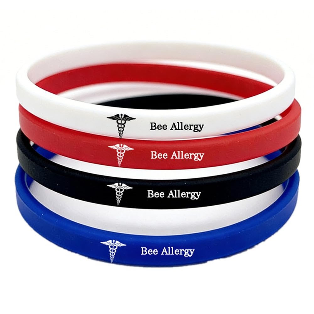 4-Pack 6mm Width Silicone Medical Bee Allergy Wristband for Youth Women Men,Custom Engraved Alert Bracelets for Food,Peanut,Latex & Drug Allergies with Medic Card