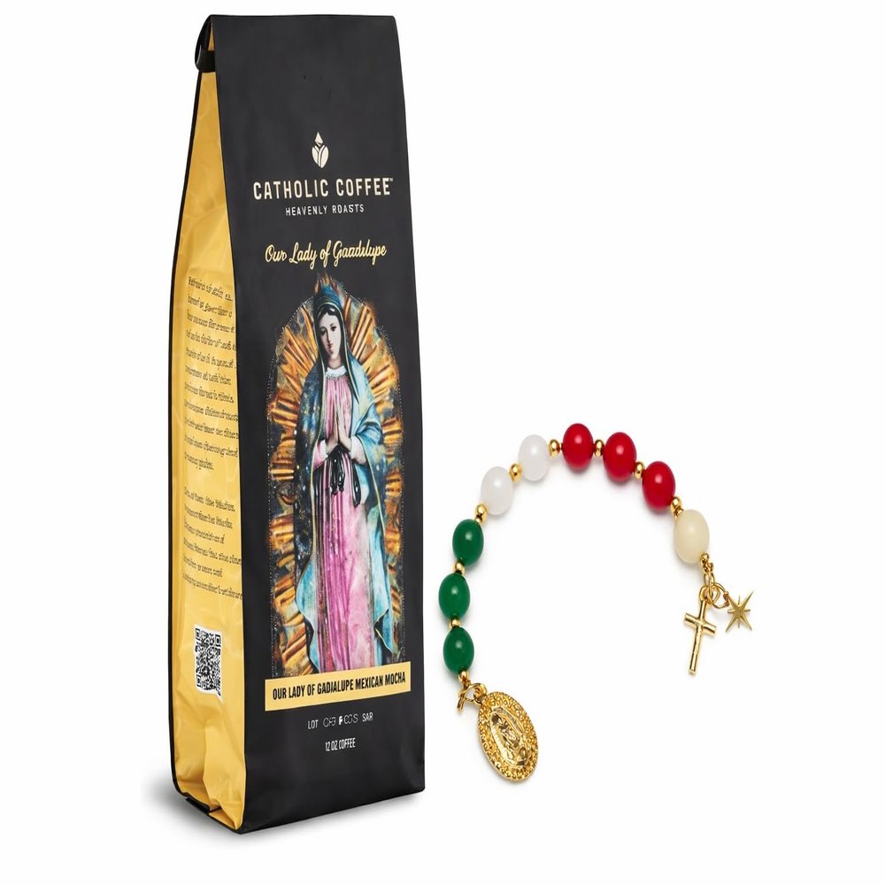 Guadalupe Inspired 2-Piece Faith Set, Rosary Tenner Prayer Beads & Mexican Ground Coffee, Catholic Pocket Rosary, Devotional Religious Gift for Women & Men