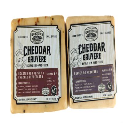 Cheddar and Gruyere Original and Roasted Red Pepper & Cracked Peppercorn Cheese Blend, Gourmet Artisan Cheese Variety Pack, Rich & Savory Flavors - 8 oz Each