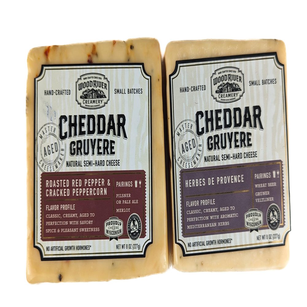 Cheddar and Gruyere Original and Roasted Red Pepper & Cracked Peppercorn Cheese Blend, Gourmet Artisan Cheese Variety Pack, Rich & Savory Flavors - 8 oz Each