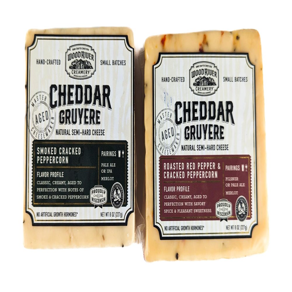 Cheddar and Gruyere Smoked Cracked Peppercorn and Roasted Red Pepper & Cracked Peppercorn Cheese Blend, Gourmet Artisan Cheese Variety Pack, Bold & Savory Flavors - 8 oz Each