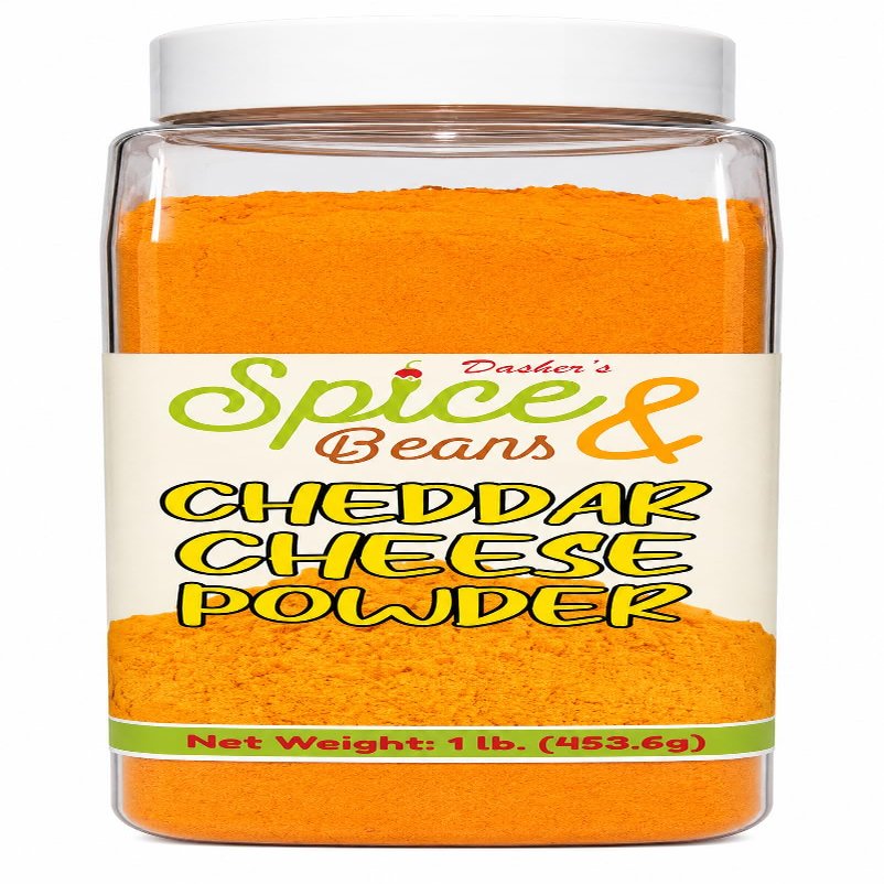 Cheddar Cheese Powder 1 lb | Cheddar Cheese Seasoning & Sauce Mix | Popcorn, Pretzels, Fries, Pasta, Snacks & Dips | Shaker & Easy Pour Tops Included | Dasher's Spice & Beans