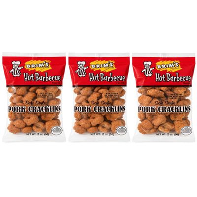 BRIM'S Pork Cracklins, Hot Barbecue, Fried Pork Skin, Soft Style, 2 oz bags (3 Pack)