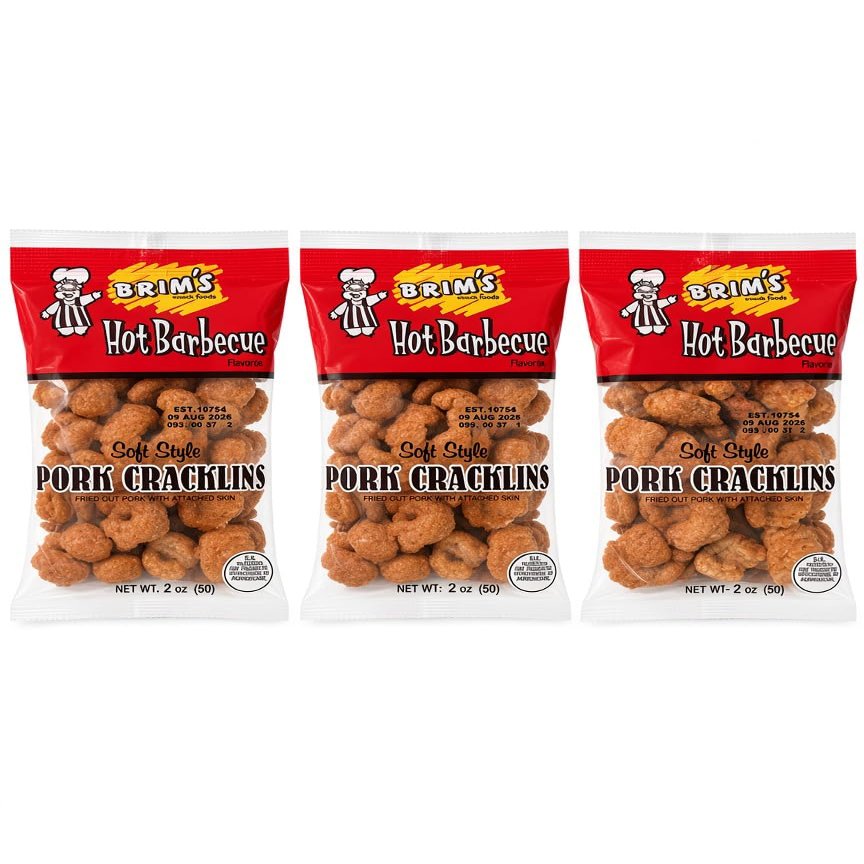 BRIM'S Pork Cracklins, Hot Barbecue, Fried Pork Skin, Soft Style, 2 oz bags (3 Pack)