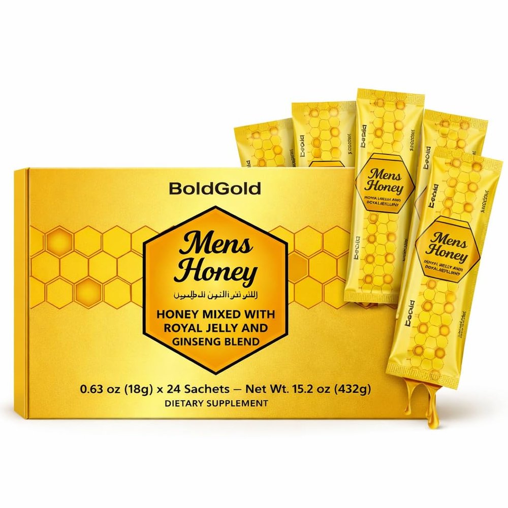 BoldGold Mens Honey, Royal Jelly and Ginseng Blend, Extra Strength, No Added Sugar, 24 Sachets, 18g Each