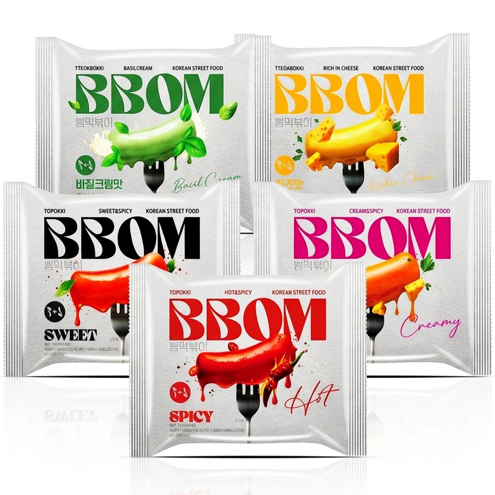 BBOM Korean Tteokbokki Rice Cake 5 Flavor Variety Pack (Sweet, Spicy, Rose, Basil Cream & Cheese) | 5 x 5.19oz (147g)