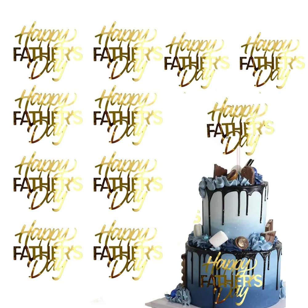 Happy Father's Day Acrylic Mirror Cake Toppers 10Pcs Gold Engraved Cupcake Toppers Decor for Dad Birthday Party Dessert Decorations Supplies