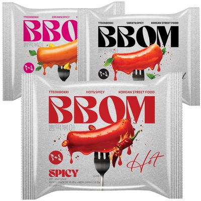 BBOM Korean Tteokbokki Rice Cake Instant Variety Pack (Sweet, Spicy & Rose) | 3 Pouches x 5.19oz (147g)