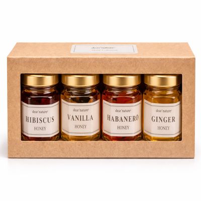 Dear Nature Honey Gift Set Infused Honey Variety Pack Garden Fusion Collection - Hibiscus, Vanilla, Ginger, Habanero - 4 x 1.5 oz bottles