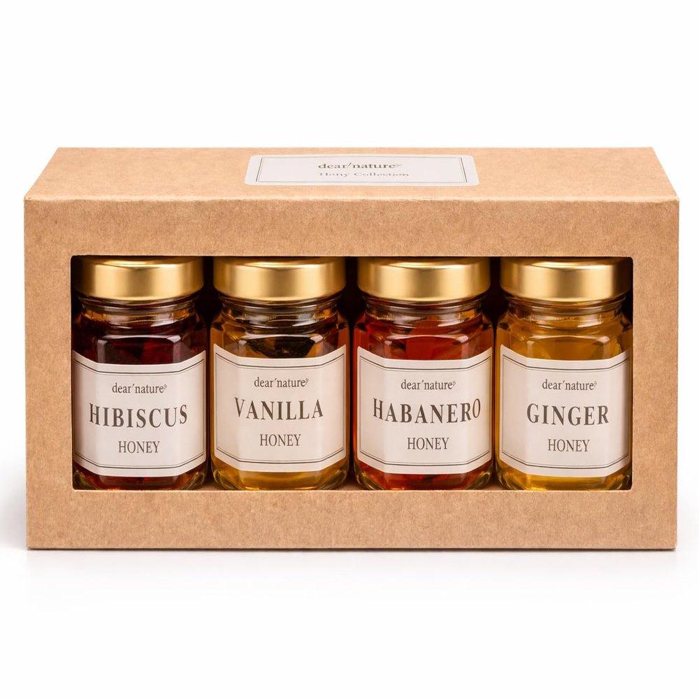 Dear Nature Honey Gift Set Infused Honey Variety Pack Garden Fusion Collection - Hibiscus, Vanilla, Ginger, Habanero - 4 x 1.5 oz bottles