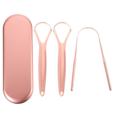 Alasum Gold Scraper Set 3pcs Stainless Steel Cleaner with U-shaped Brush and Aluminum Case for Adult Oral Care and Bad Breath Removal