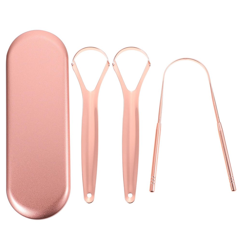 Alasum Gold Scraper Set 3pcs Stainless Steel Cleaner with U-shaped Brush and Aluminum Case for Adult Oral Care and Bad Breath Removal