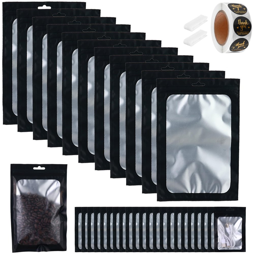100-pack 7.8 x 11.8 Inch Large Mylar Bags with Clear Window Resealable Foil Pouches for Food Storage Smell Proof Edible Packaging Bag for Jewelry Small Business Shipping Bags, Matte black