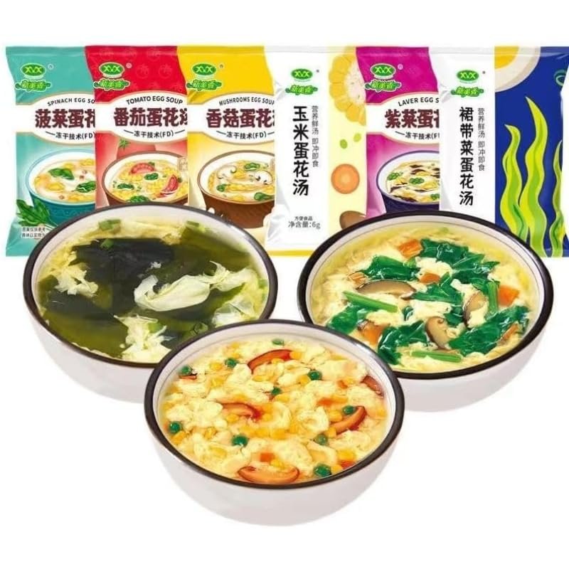 7-Flavor fresh vegetable soup, Instant freeze dried vegetable soup, corn soup, seaweed spinach soup, meal replacement breakfast, nutritious wild vegetable soup, side dishes (30 packs,7 flavors mixed)