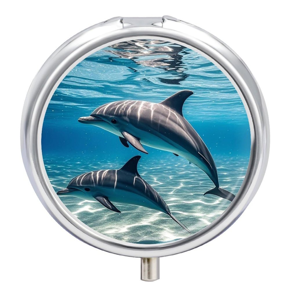 Dolphins Underwater Pill Organizer 3 Compartment Round Small Pill Box for Pocket Purse Portable Pill Case Travel Pill Container Compact Medicine Holder for Vitamin Cod Liver Oil Supplement