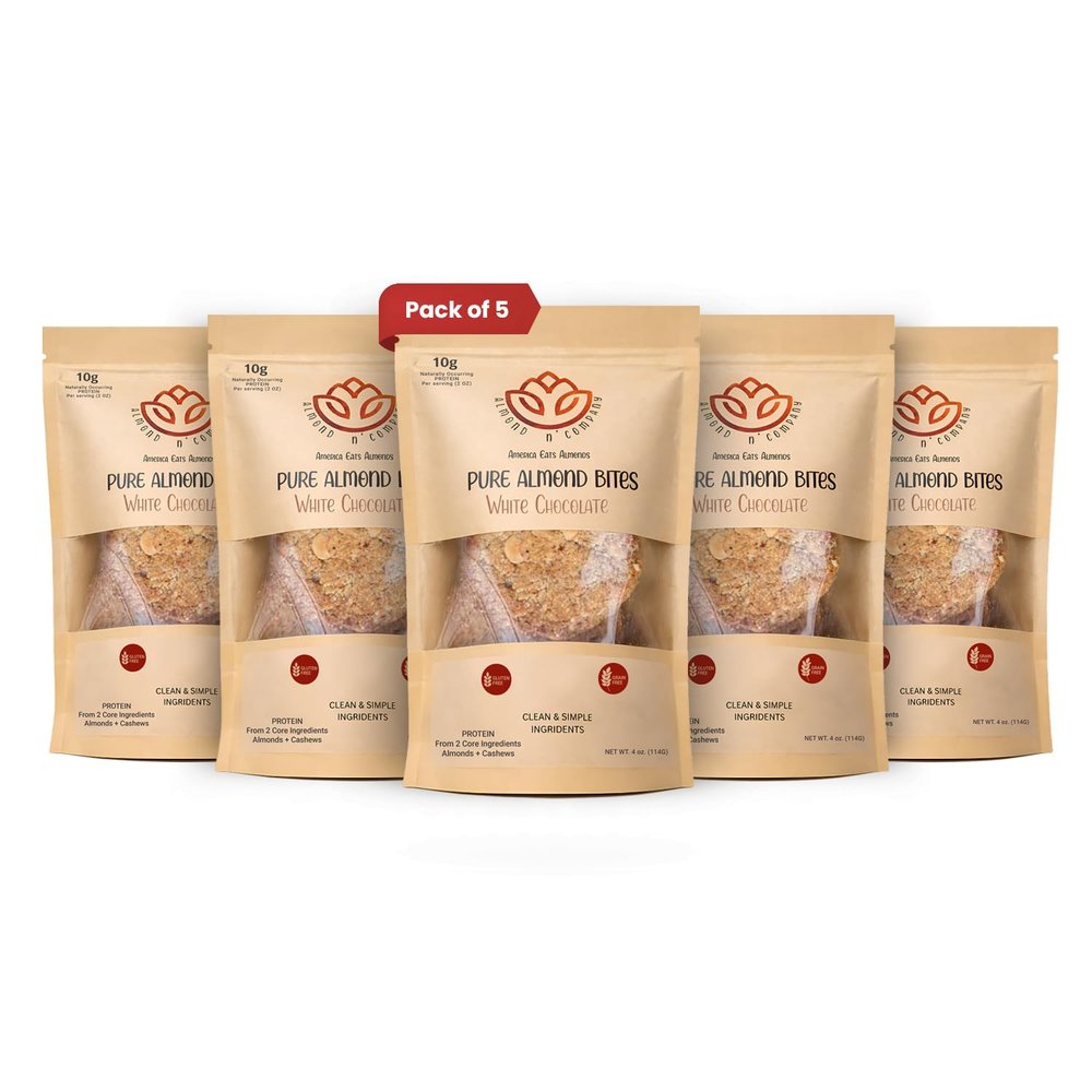 ALMOND N COMPANY Pure Almond Bites 10g Protein, White Chocolate Flavor, Grain-Free, Gluten-Free, Clean Ingredient Energy Bites, High Protein Snack for Kids & Adults, 4oz(5 Pack)