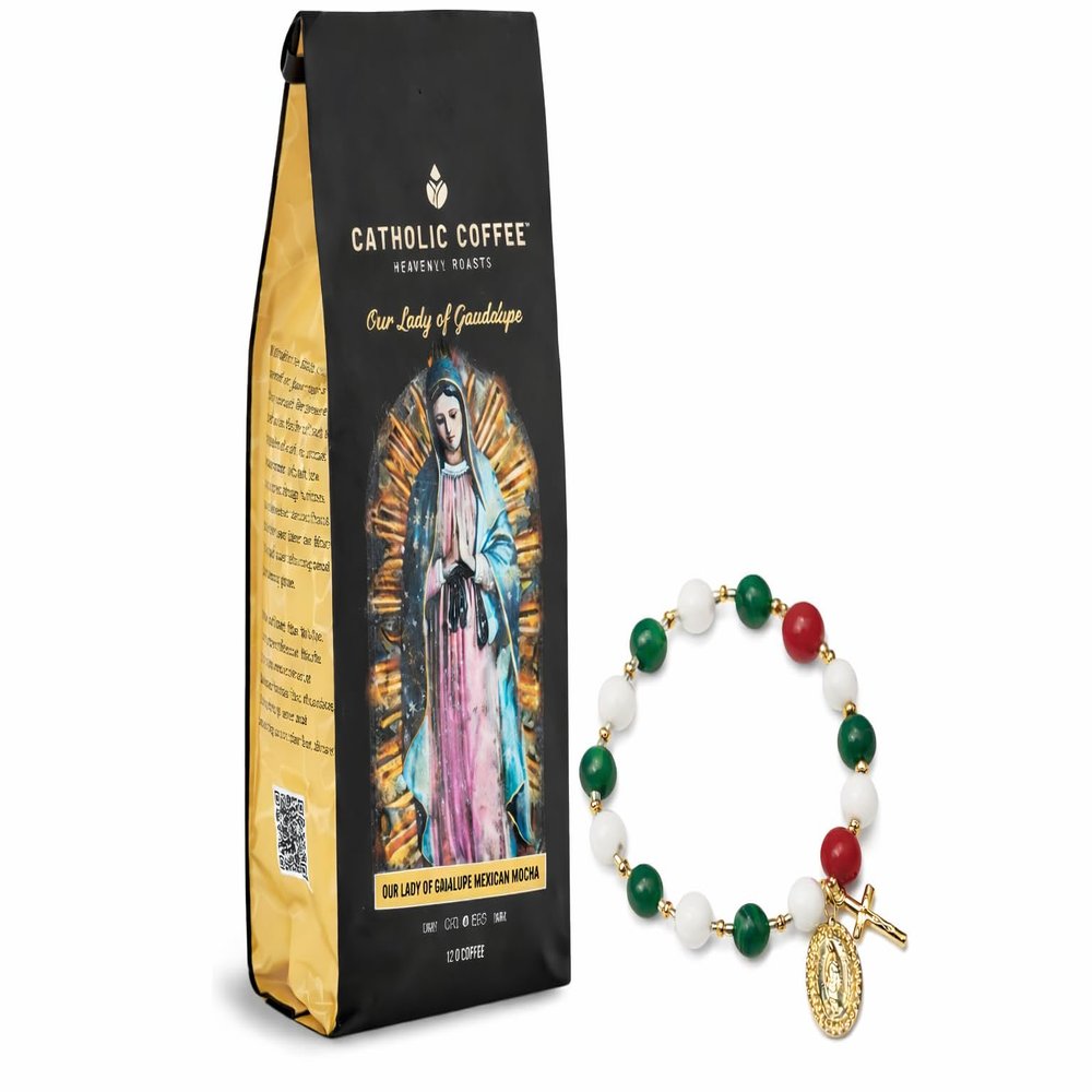 Guadalupe Inspired 2-Piece Faith Set, Catholic Bracelet & Mexican Ground Coffee Gift, Devotional Beaded Stretch Bracelet with Medal Charm, Religious Gift for Women & Men