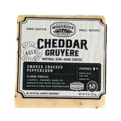 Cheddar, Gruyere, and Smoked Cracked Peppercorn Cheese Blend, Gourmet Artisan Cheese Mix, Rich & Savory - 8 oz (Pack of 4)