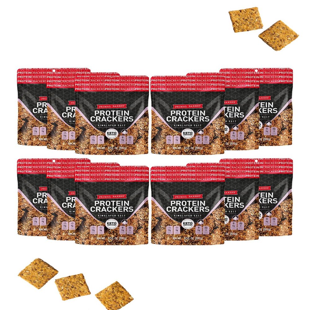 Primal Bakery High-Protein Crackers, Himalayan Salt - 12 Pack | 11g Plant-Based Protein per Serving | 6g Gut-Friendly Fiber, 0g Added Sugar | Savory Keto-Certified Vegan Snack for Dips, Soup Toppers & Snack Plates