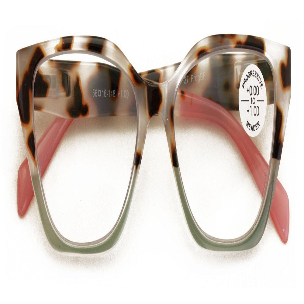 V.W.E. Women 2-Tone Tortoise Cateye Progressive Clear Lens Reading Glasses - Zero Power on Top Reader - AR Coating (Green, 3.00, x)