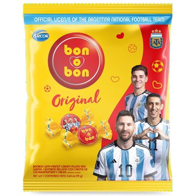 Arcor Bon o Bon - Milk Chocolate Bon Bons - Fun Size Candy Snack Pouch - Authentic Argentinian Favorite Bombones de Chocolate de Leche, Perfect for Lunchboxes & Gifts - Limited World Cup 2026 Messi AFA Edition - (5 Pieces)