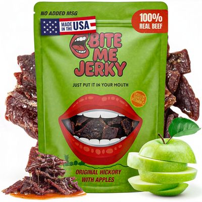 Bite Me Jerky Tender Beef Jerky Snacks Pack with Premium Meats & Real Fruit | Original Hickory Flavor with Apples | High Protein, Low Sugar Portable Beef Jerky Bulk | Made in USA - 1.125oz, 35.44g
