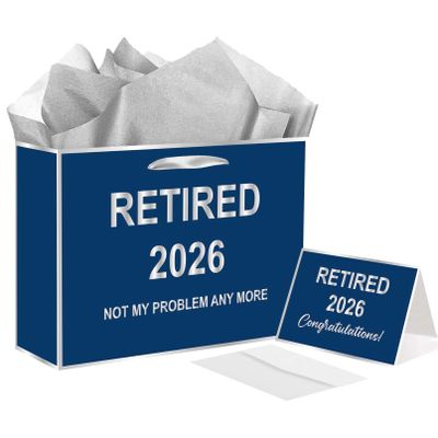 RTMISA 2026 Retirement Gift Bag with Tissue Paper and Greeting Card 2026 Retired Gifts Wrapping Bag for Men Women Coworker Teacher, Blue & Silver Retirement Party Decorations Supplies