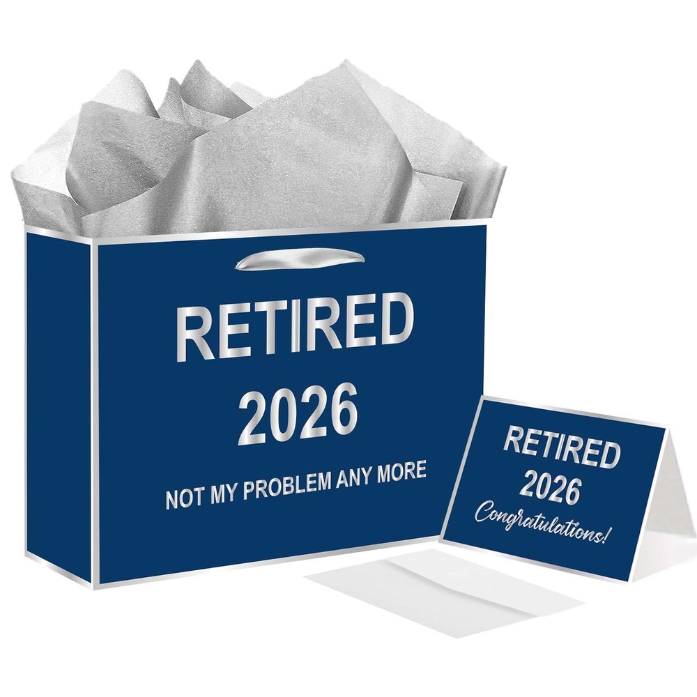 RTMISA 2026 Retirement Gift Bag with Tissue Paper and Greeting Card 2026 Retired Gifts Wrapping Bag for Men Women Coworker Teacher, Blue & Silver Retirement Party Decorations Supplies