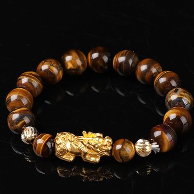Feng Shui Wealth for Men Yellow Tiger Eye Stone Stretchy Bangle Hand Carved Mantra Bead Talisman for Prosperity Money Good Luck,12MM