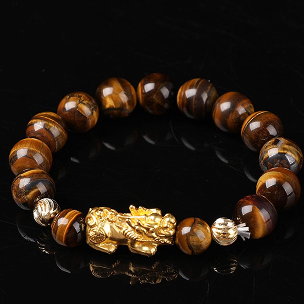 Feng Shui Wealth for Men Yellow Tiger Eye Stone Stretchy Bangle Hand Carved Mantra Bead Talisman for Prosperity Money Good Luck,12MM