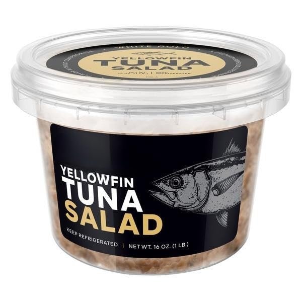 Yellowfin Tuna Salad, Albacore Tuna, Vegan Mayo (expeller pressed sunflower seed oil, water, garlic powder, ground mustard seed), Celery, Red Onion, Jalapeno Pepper. [ 16 oz, 1 pound ]