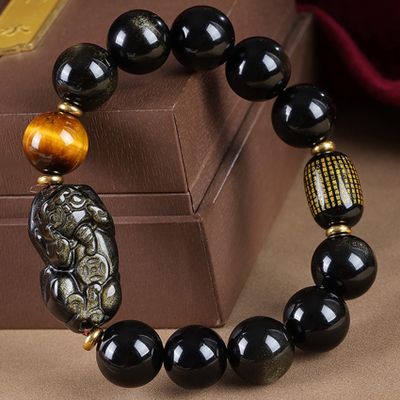 Feng Shui Dragon Gold Obsidian Natural Gemstone Crystal Wealth Amulet Good Luck for Women Men,Single,14mm