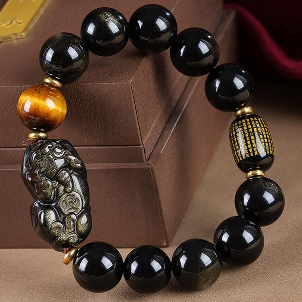 Feng Shui Dragon Gold Obsidian Natural Gemstone Crystal Wealth Amulet Good Luck for Women Men,Single,14mm