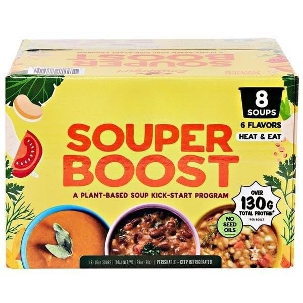 Souper Boost Plant-Based Soup , 6 Flavors; Heat & Eat; No Seed Oils , Radically delicious soup , Homemade Vegetable Broth (Water, Carrot, Celery, Onion, Parsley, Thyme, Bay Leaf), Tomatoes, Summer Squash/zucchini, Carrots, Diced Tomato (Diced Tomatoe
