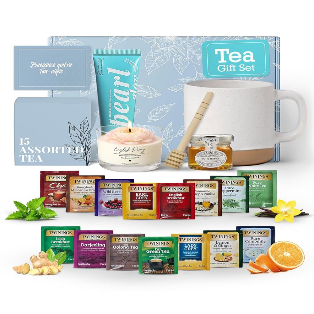 Tea Gift Set for Women 15 Assorted Teas, Premium Ceramic Mug, Soy Wax Candle, Hand Crme & Honey | Tea Sets for Adults, Tea Gift Box for Birthday, Get Well, Self Care, Teacher